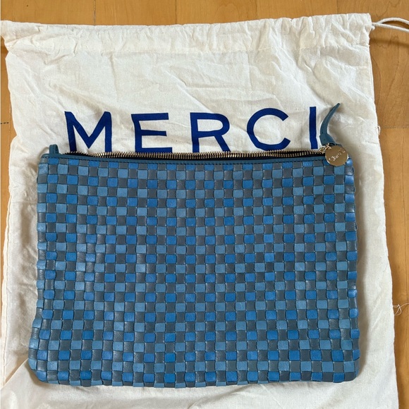 Clare V Flat Clutch w/ Tabs- woven Checker- Light Blue/Denim - Picture 3 of 5